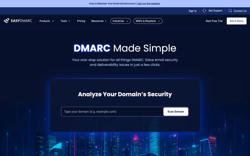 EasyDMARC homepage: DMARC made simple, scan your domain to surface SPF, DKIM, and DMARC alignment issues (verified May 2026).