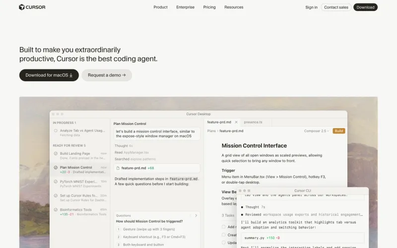 Cursor homepage showing the AI code editor