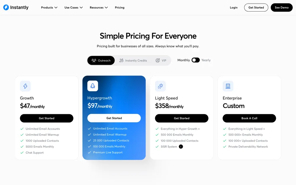 Instantly pricing tiers: Growth, Hypergrowth, Light Speed (verified May 2026).