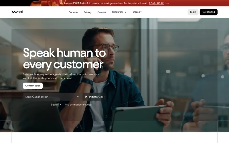 Vapi homepage showing the voice agent platform