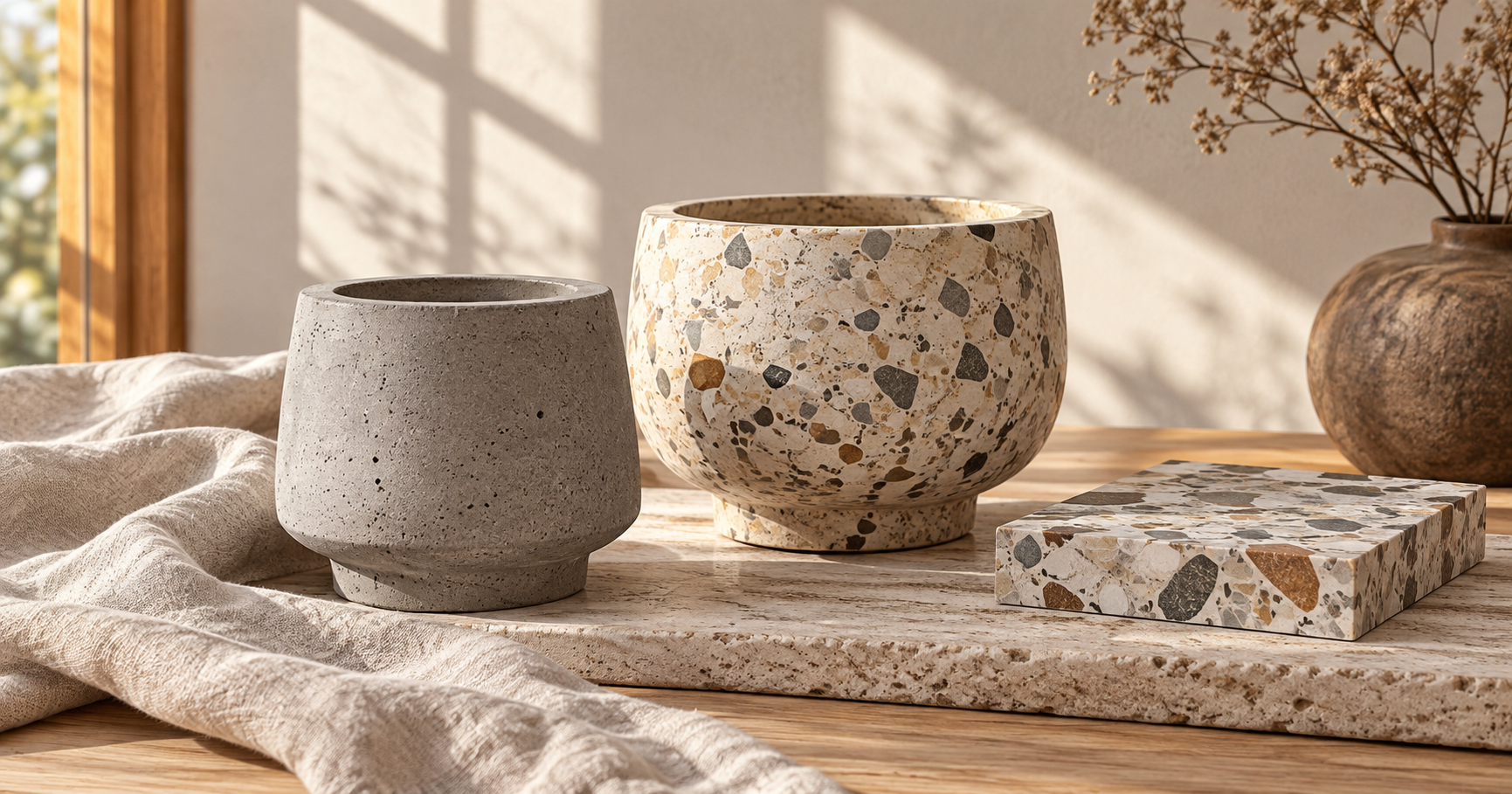 Fine concrete and terrazzo home objects showing matte surfaces and decorative stone chips