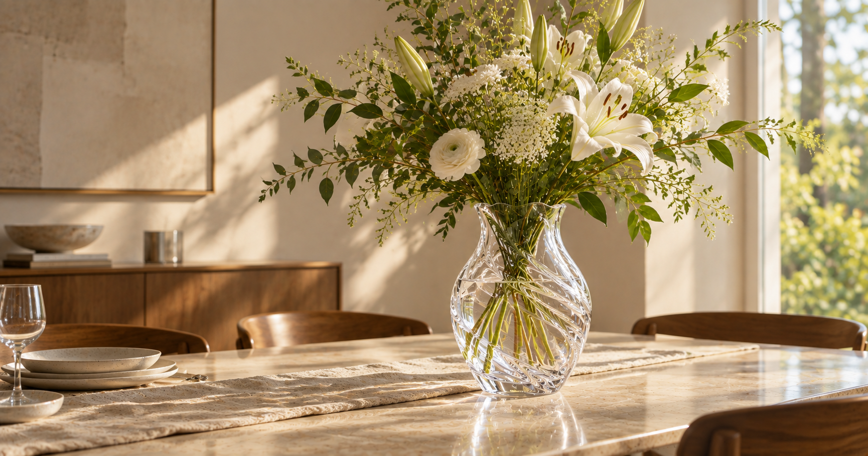 Clear glass vase with white flowers on a sunlit dining table