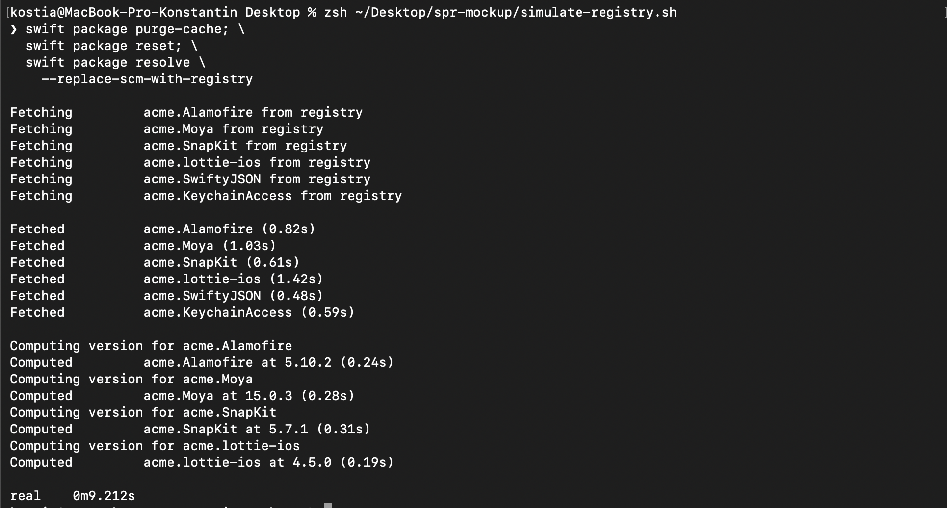 Terminal output of swift package resolve using a registry: fetching acme.* packages, all under 1.5s each, total 9.2s