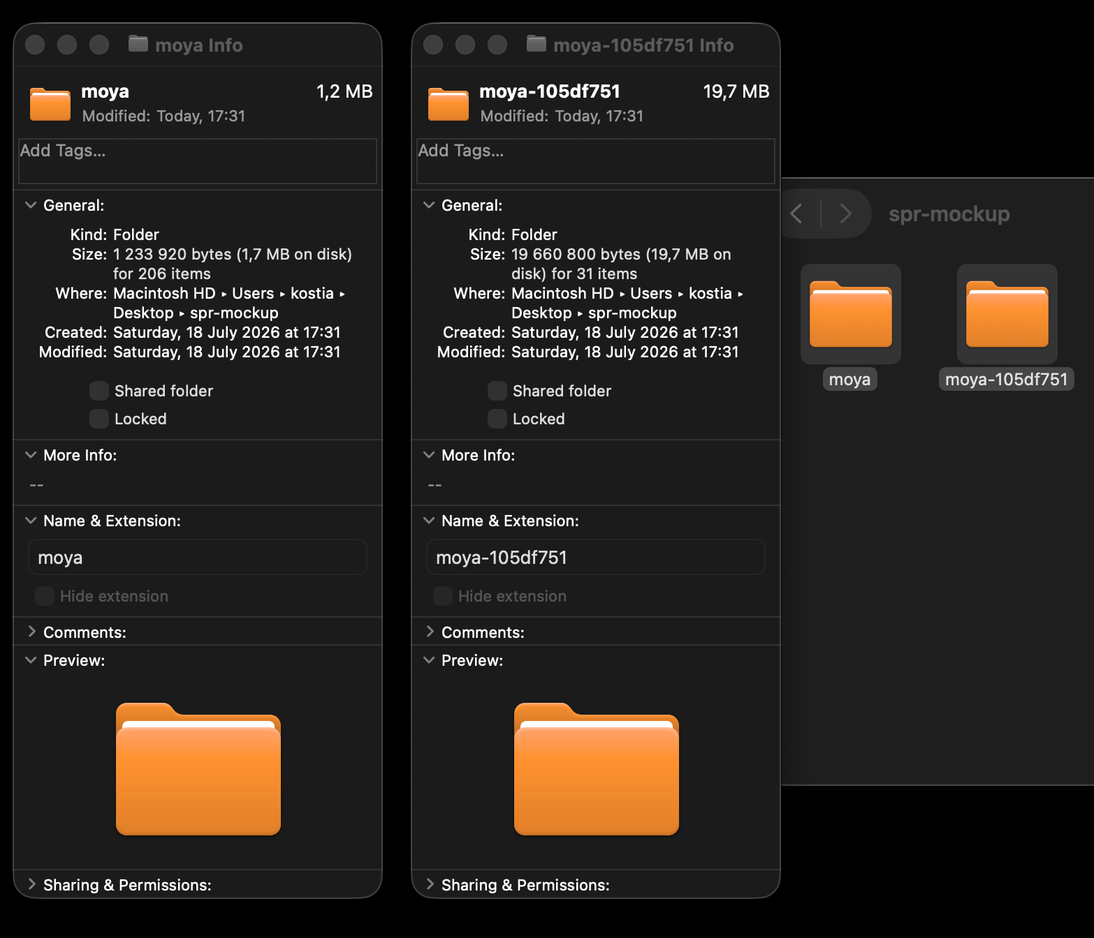 Finder showing Moya as a 1.2 MB registry zip vs 19.7 MB git clone, with Get Info windows open for both