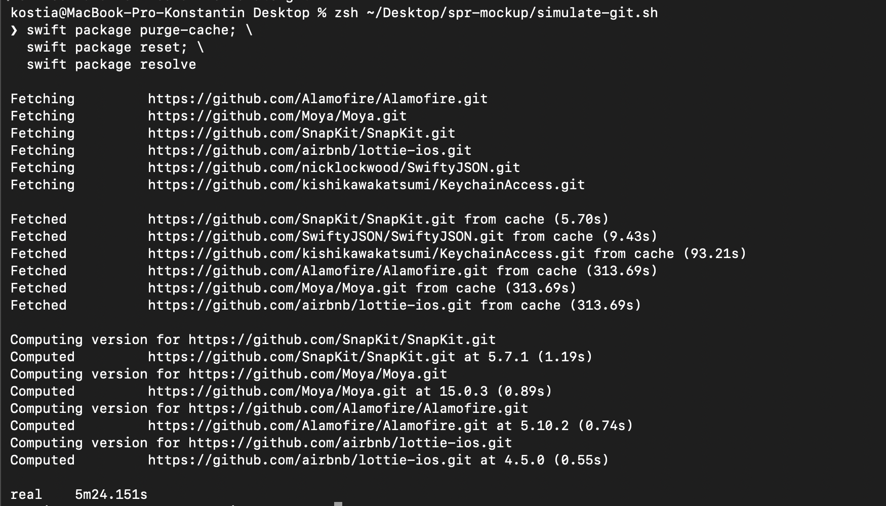 Terminal output of swift package resolve using git: fetching GitHub URLs, three packages taking 313.69s each from cache, total 5m 24s