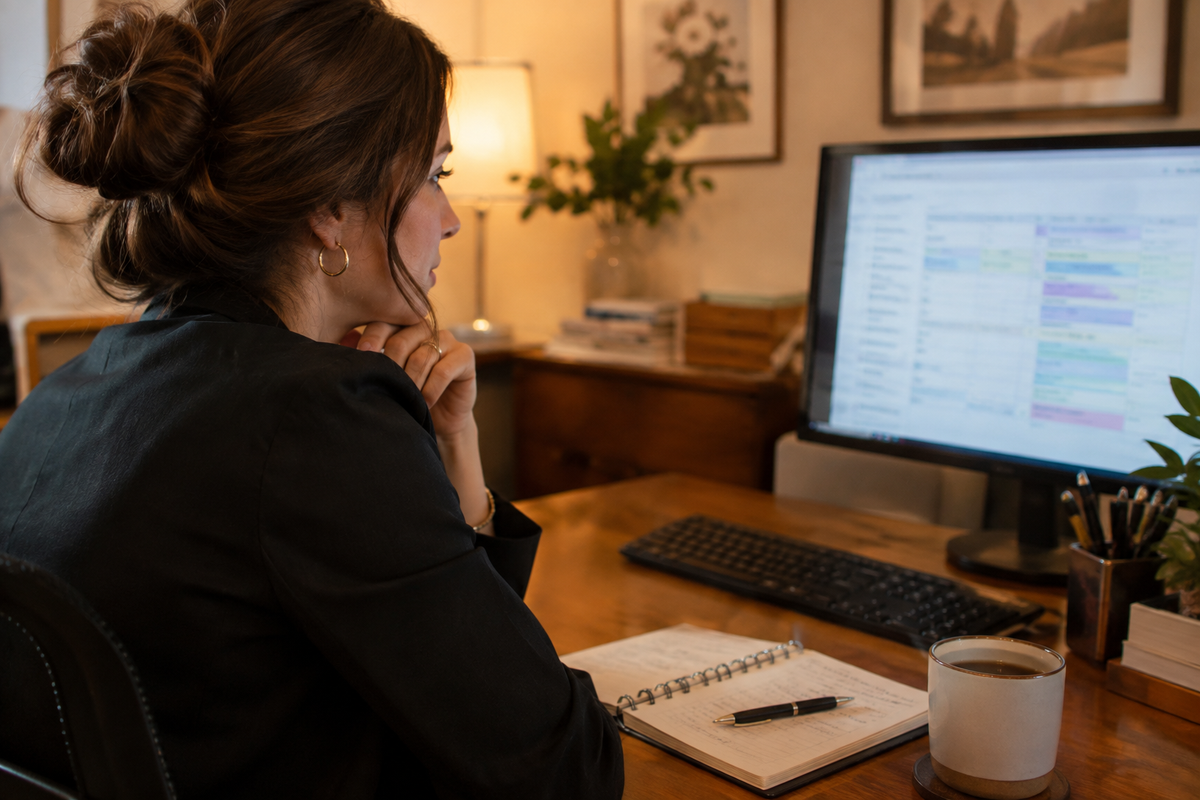Venue coordinator at a desk reviewing a wedding day schedule