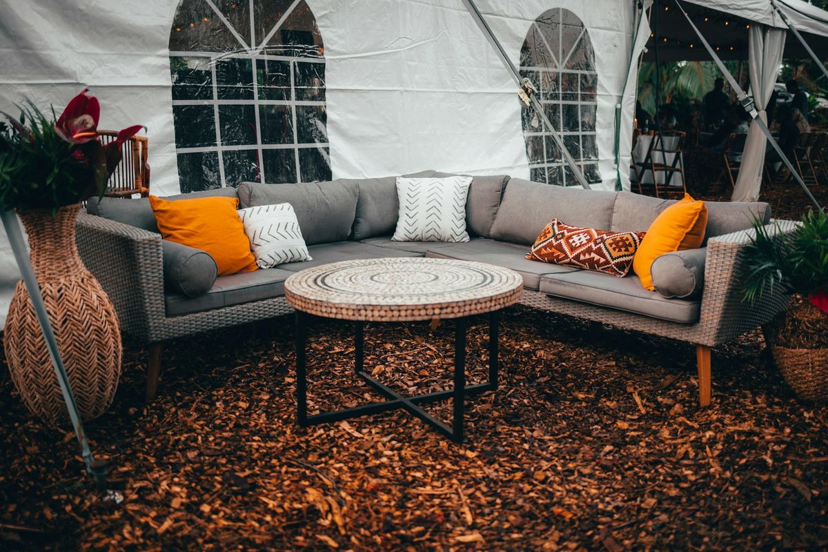 Bright cushions on a wedding sofa