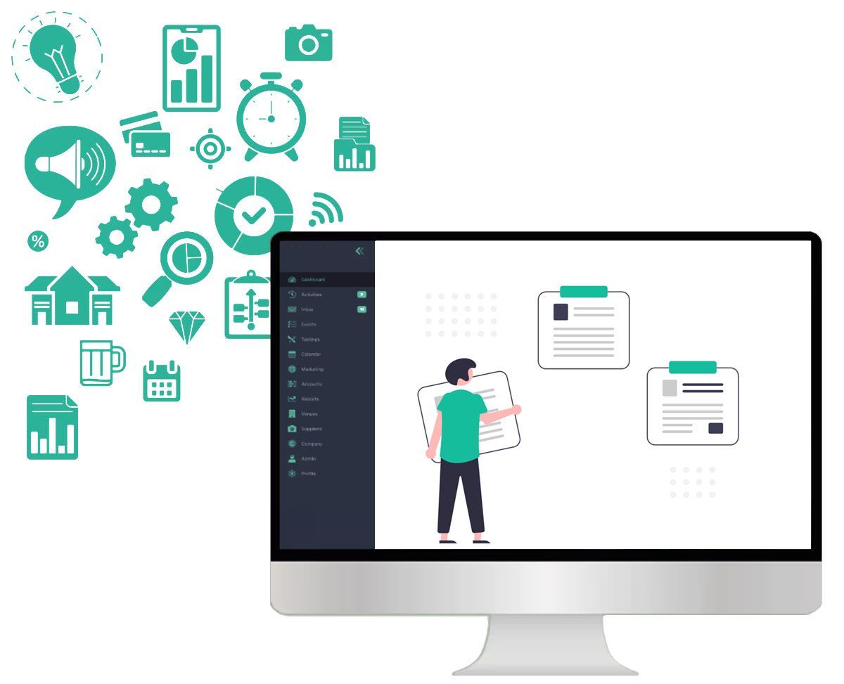 Illustration of a person organising documents on a computer screen, surrounded by business icons