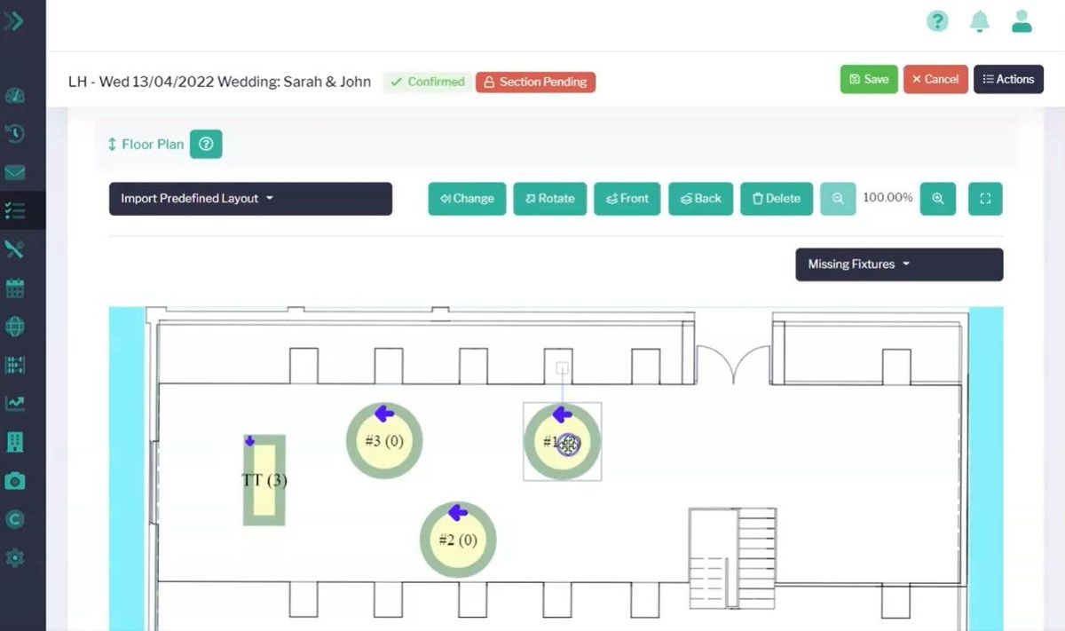 The Sonas floor plan editor showing a room layout with tables