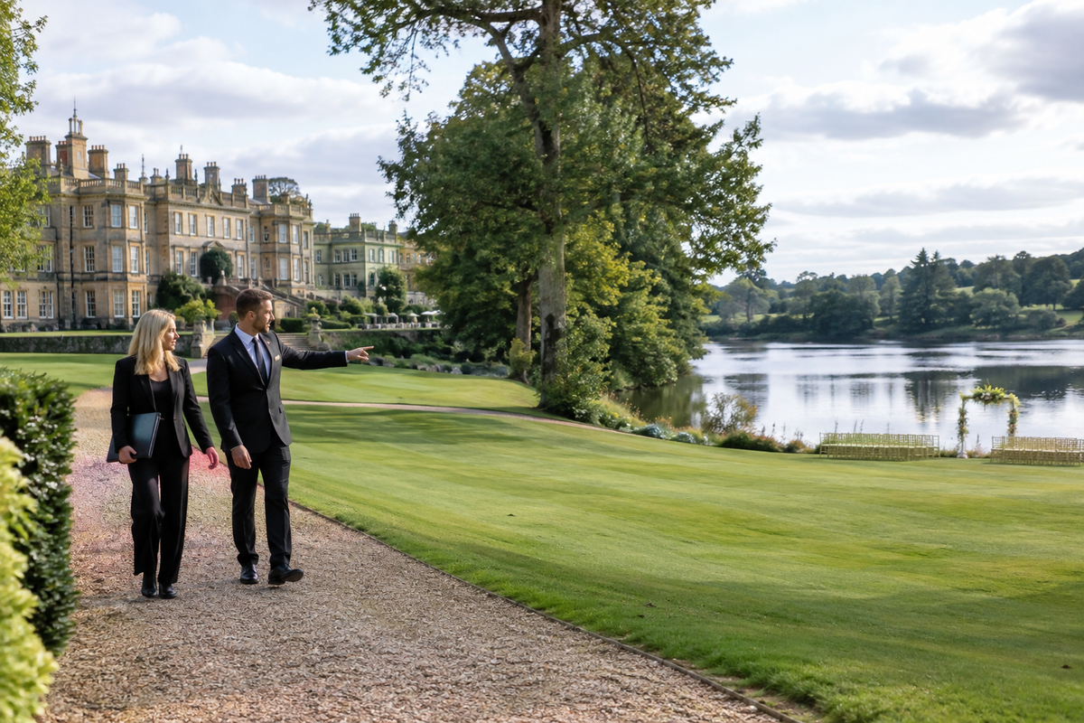 Venue manager and celebrant walking a country estate's grounds