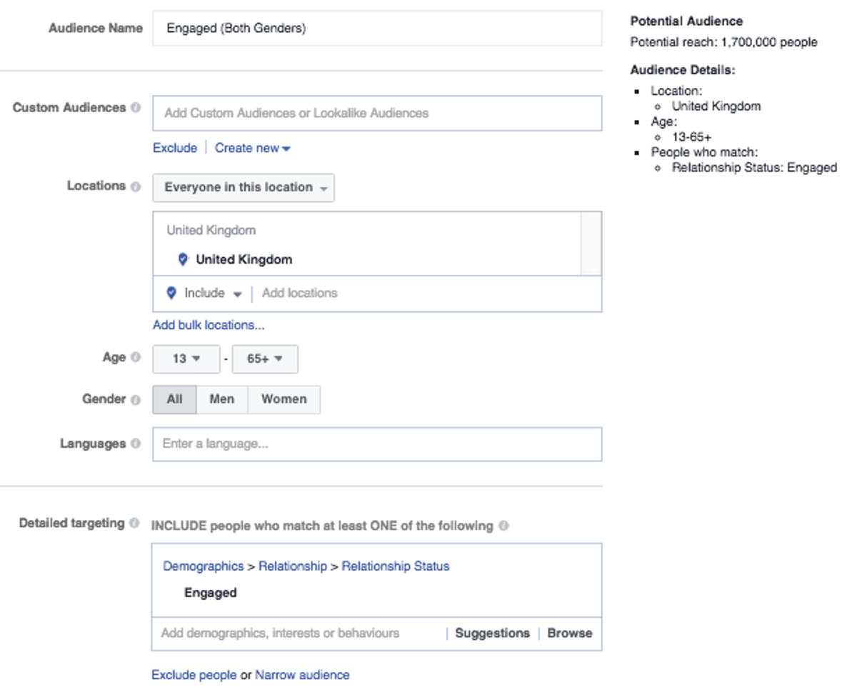 Facebook Ads Manager screenshot targeting an audience with Engaged relationship status