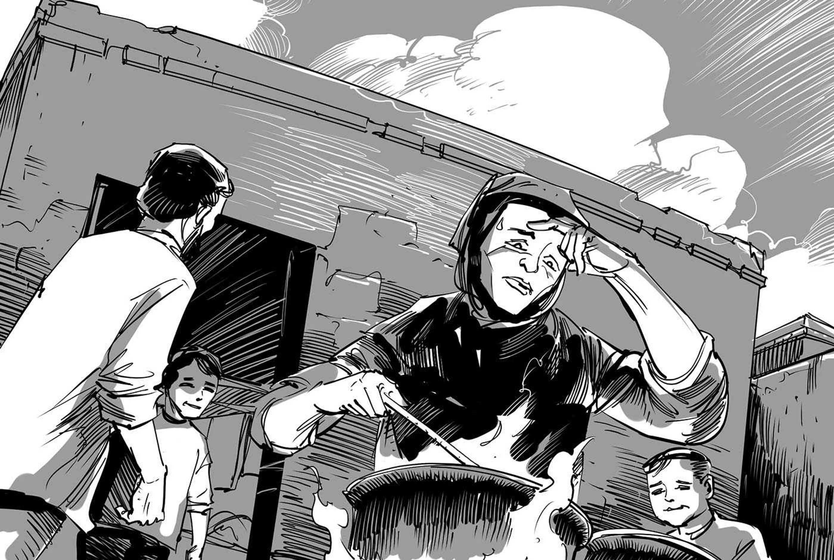 An illustration of a woman cooking over a fire