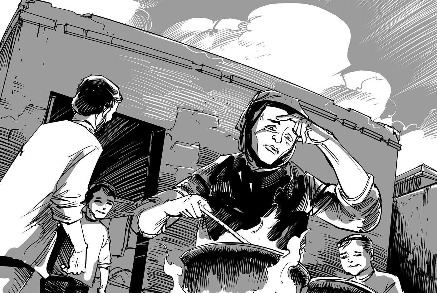 An illustration of a woman cooking over a fire