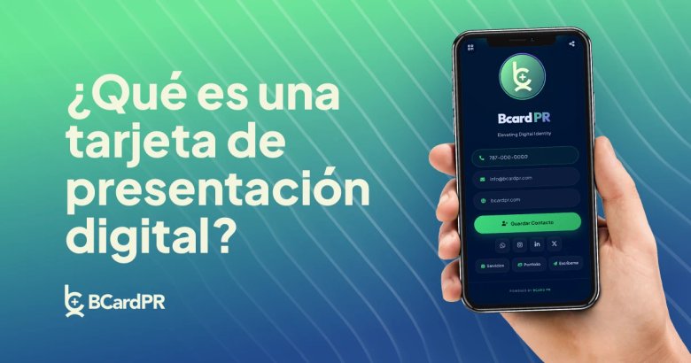 Tarjeta de presentación digital de BCard PR instalada como acceso directo en la pantalla de inicio de un teléfono móvil, destacando la interfaz Mobile-First con botones de contacto, redes sociales y módulos de servicios profesionales en Puerto Rico.