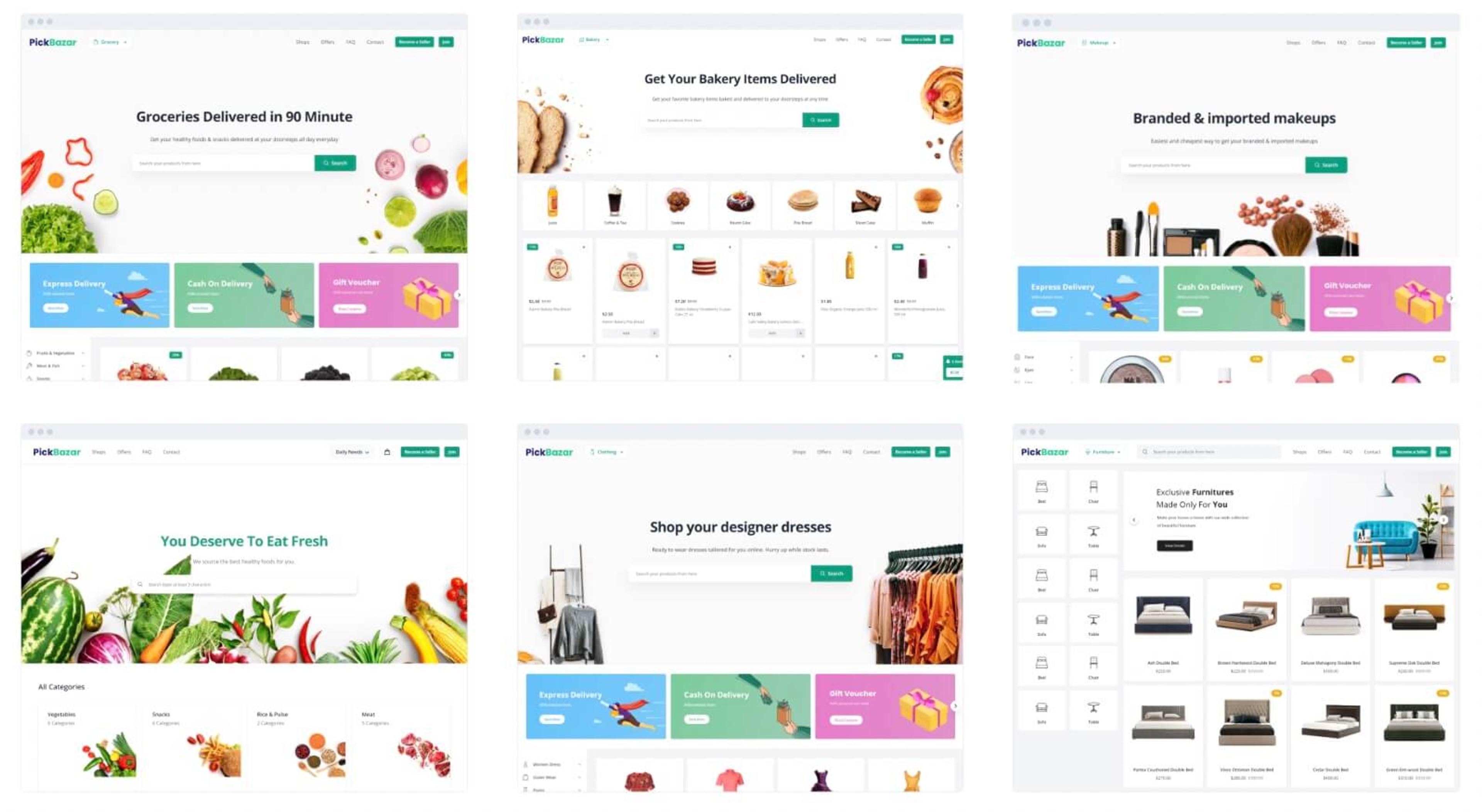 Samples of some of the available ecommerce store templates, such as groceries, furniture, clothing, and more.