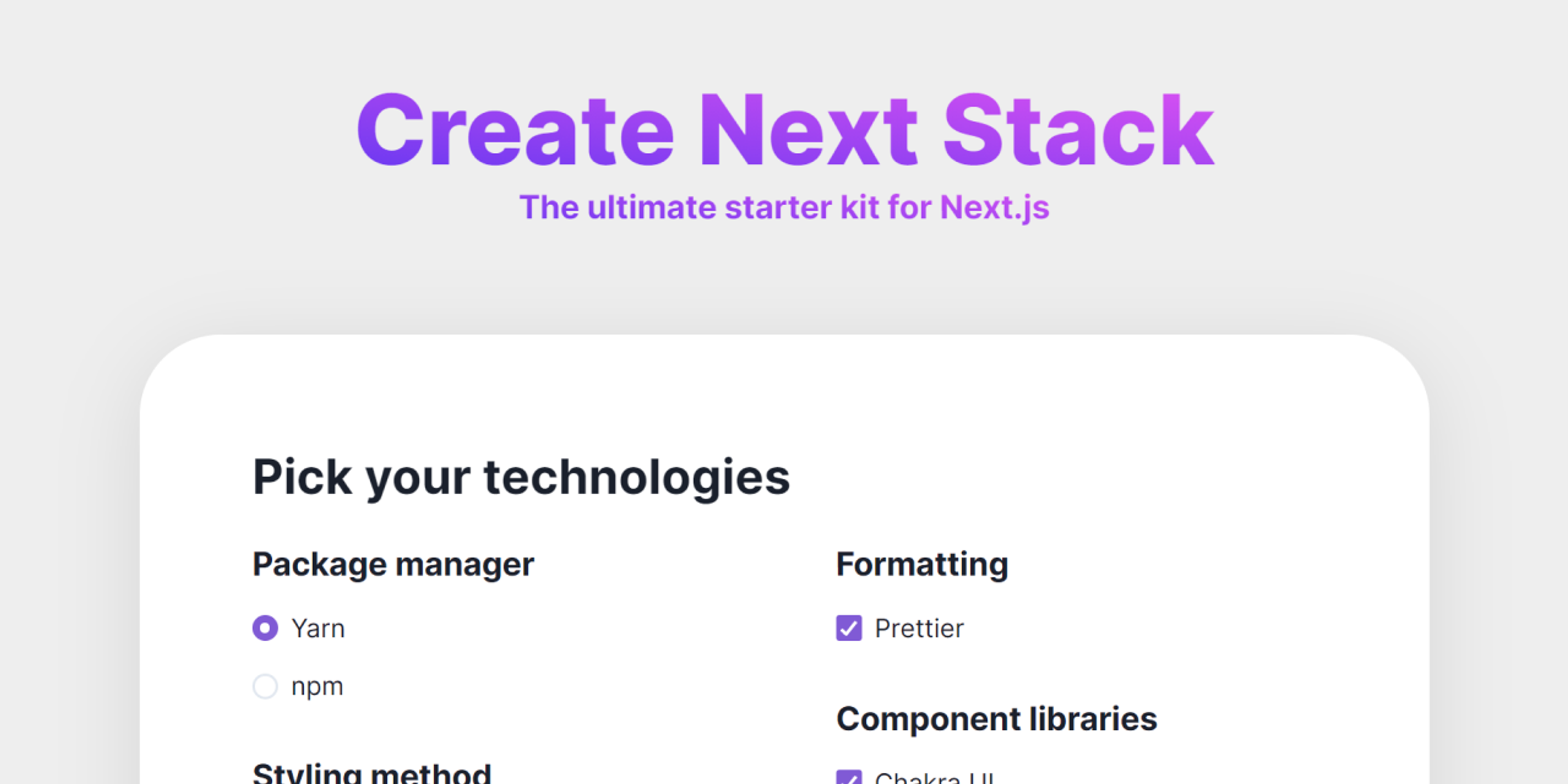 Create Next Stack is a website and CLI tool used to easily set up the boilerplate of new Next.js apps.