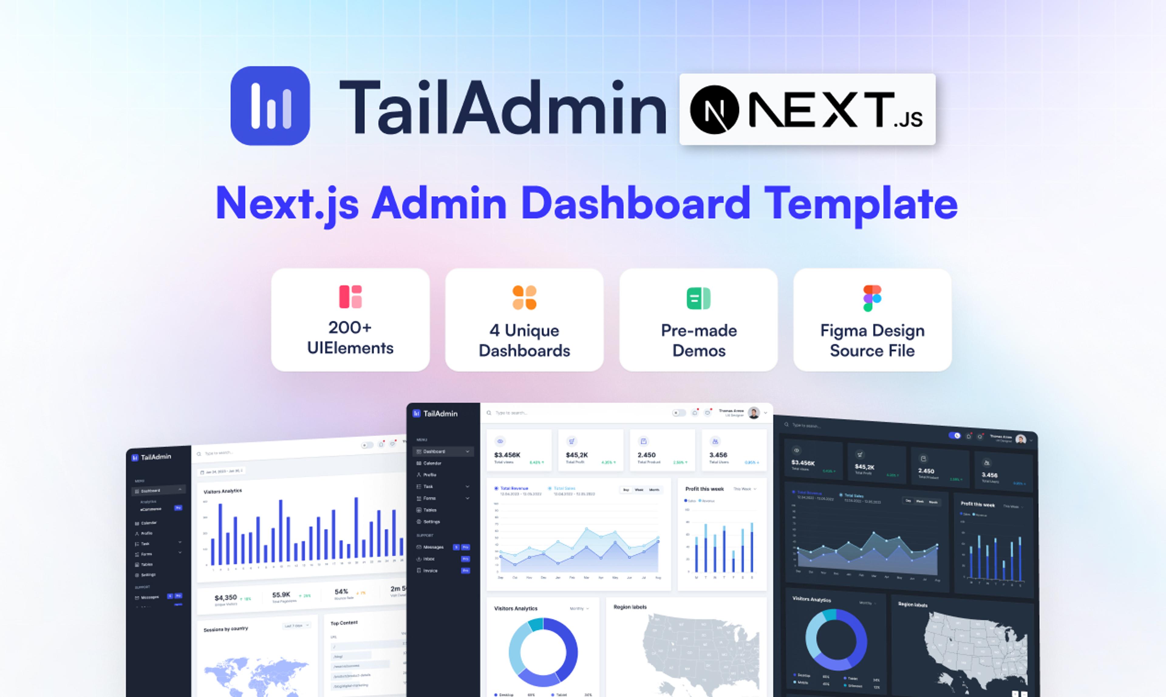TailAdmin is a Next.js and Tailwind CSS free, open-source admin dashboard template. Provides developers with the necessary tools, components, pages to build a full-featured back-end, dashboard, or admin panel for any web project.