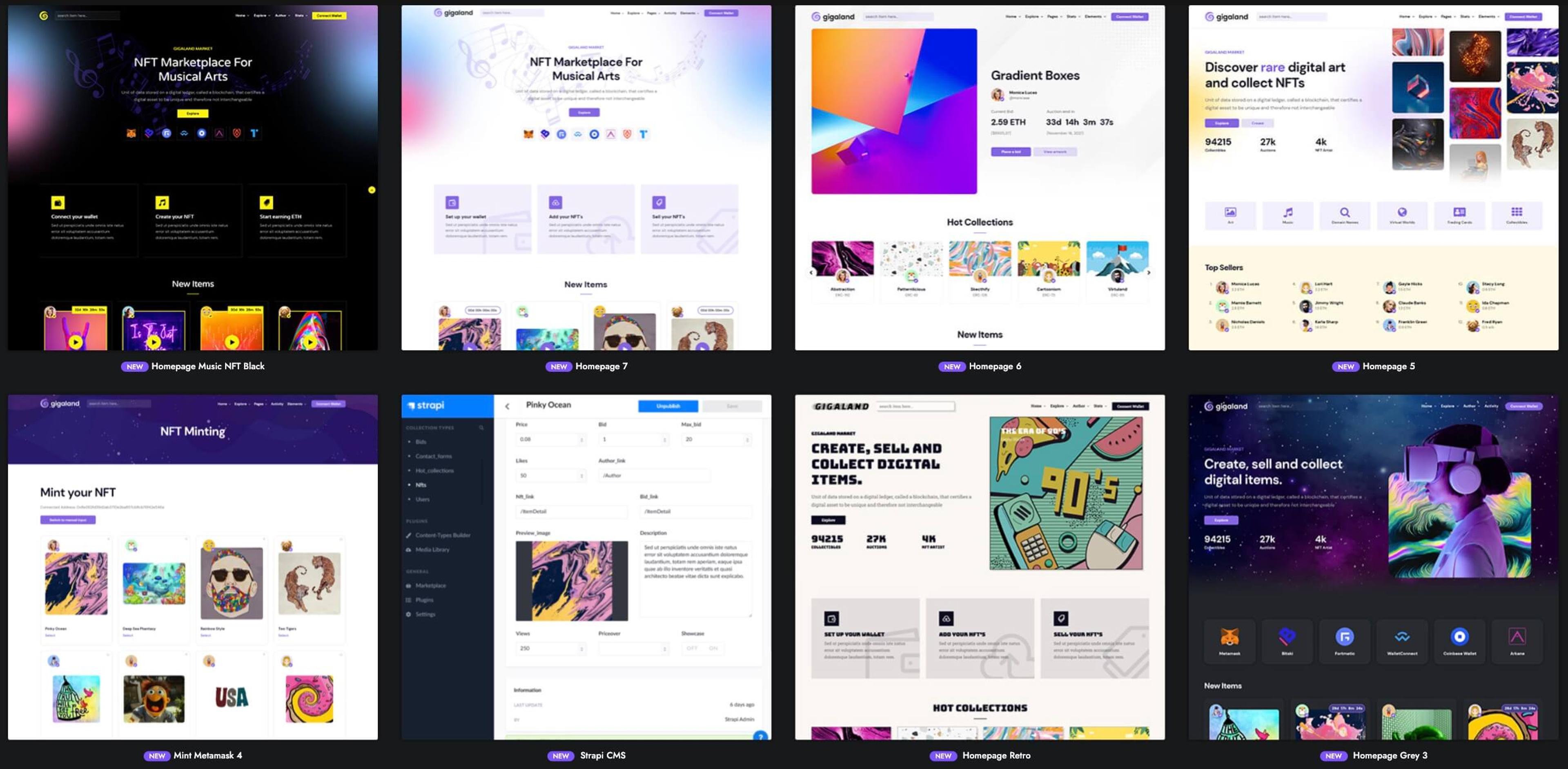 Samples of some of the NFT landing pages available in the starter kit