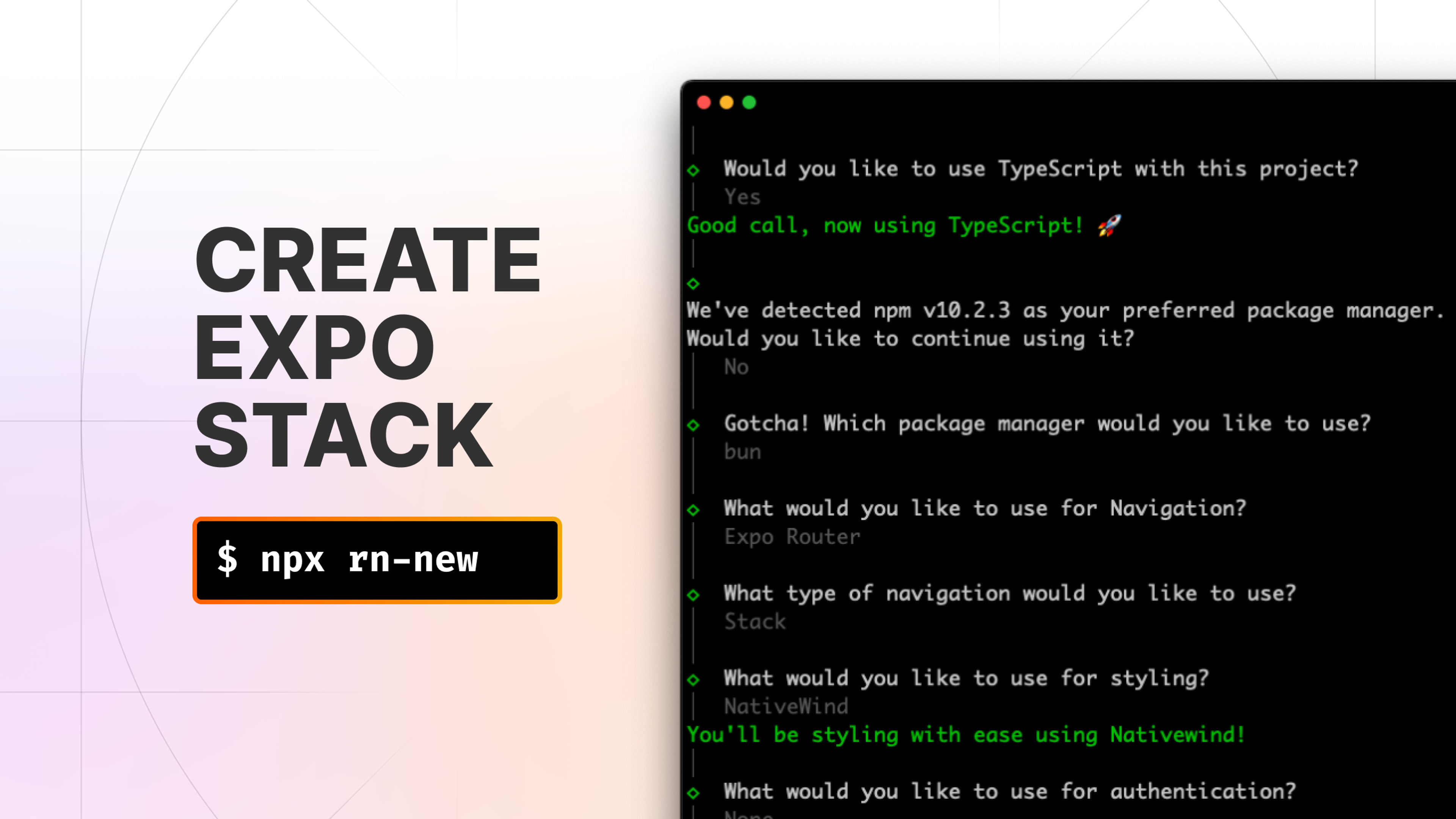 CLI tool to initialize a React Native application with Expo. Provides options to include Typescript, file-based routing via Expo Router, configuration based routing via pure React Navigation, styling via Nativewind, Restyle, Unistyles, StyleSheets, or Tamagui, and/or backend as a service such as Firebase and Supabase.