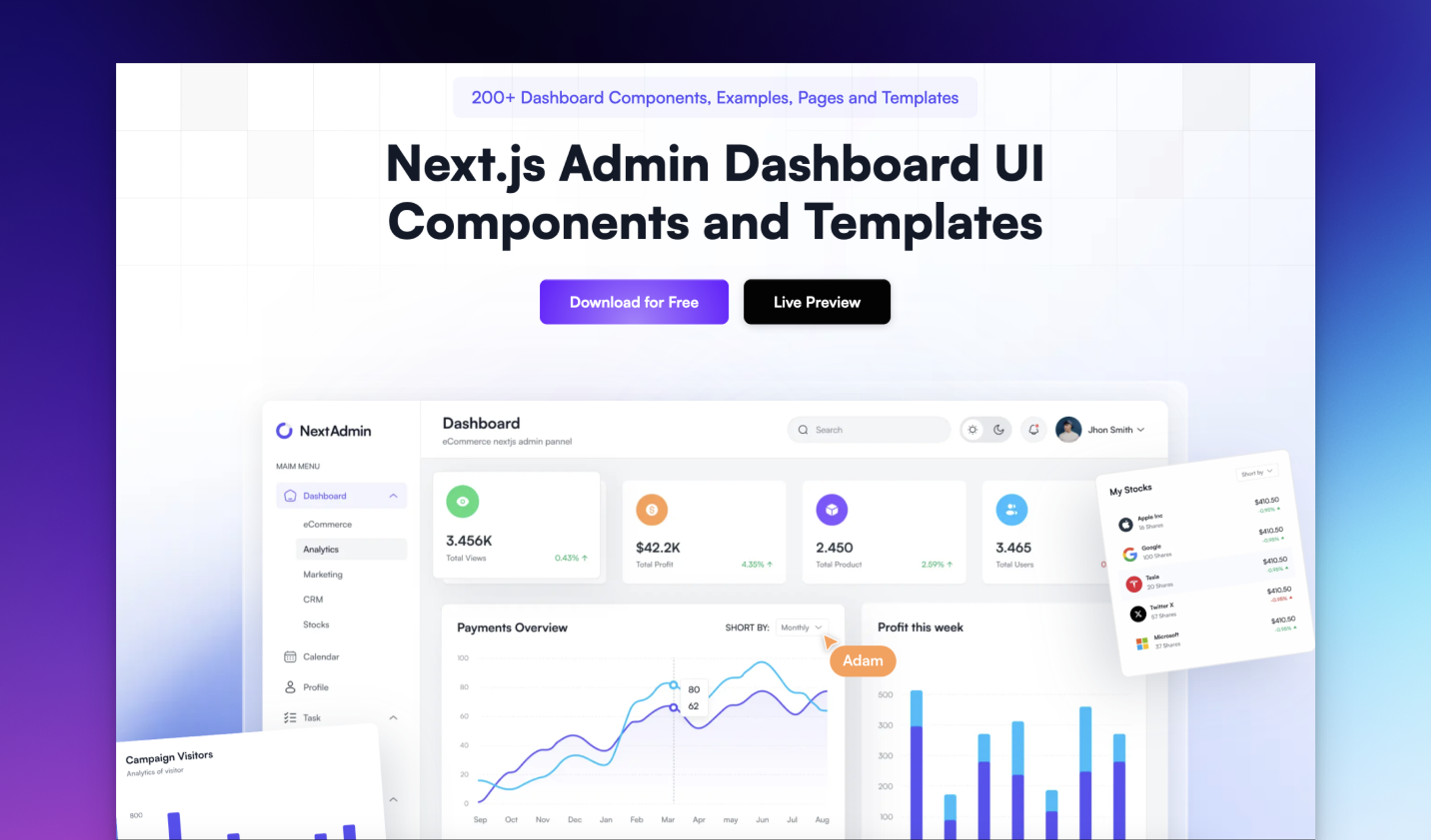 Next.js admin dashboard template and  UI components that come with pre-built elements, components, pages, high-quality design, integrations, and much more.