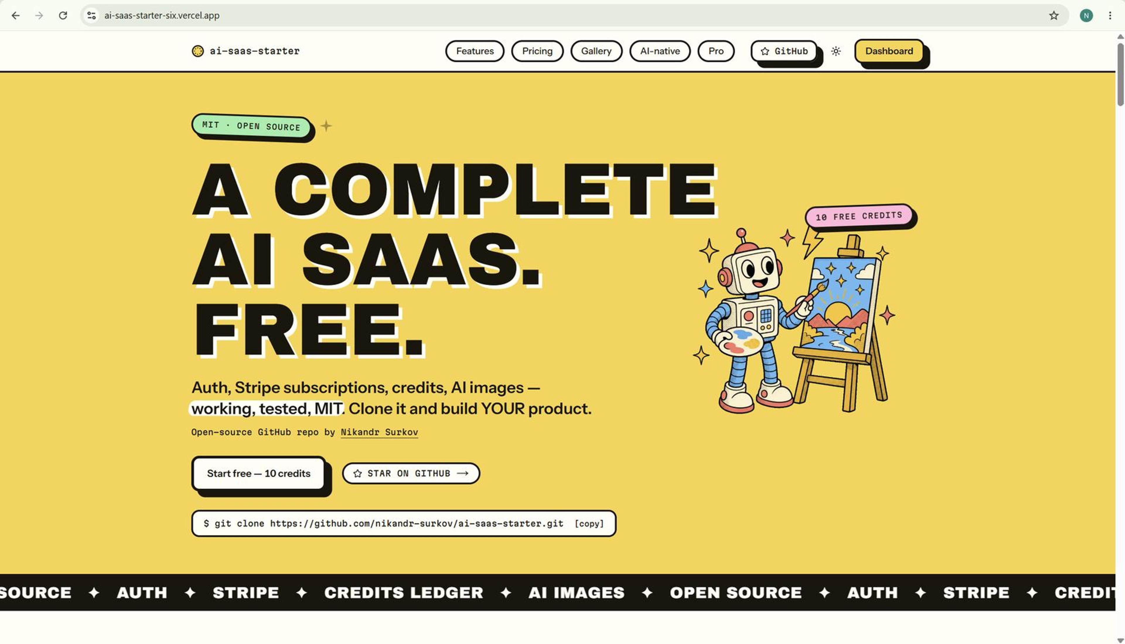 AI SaaS boilerplate for Next.js 16 — Better Auth, Stripe subscriptions, credits system, AI image generation. AI-native: AGENTS.md, Claude Code skills & hooks.