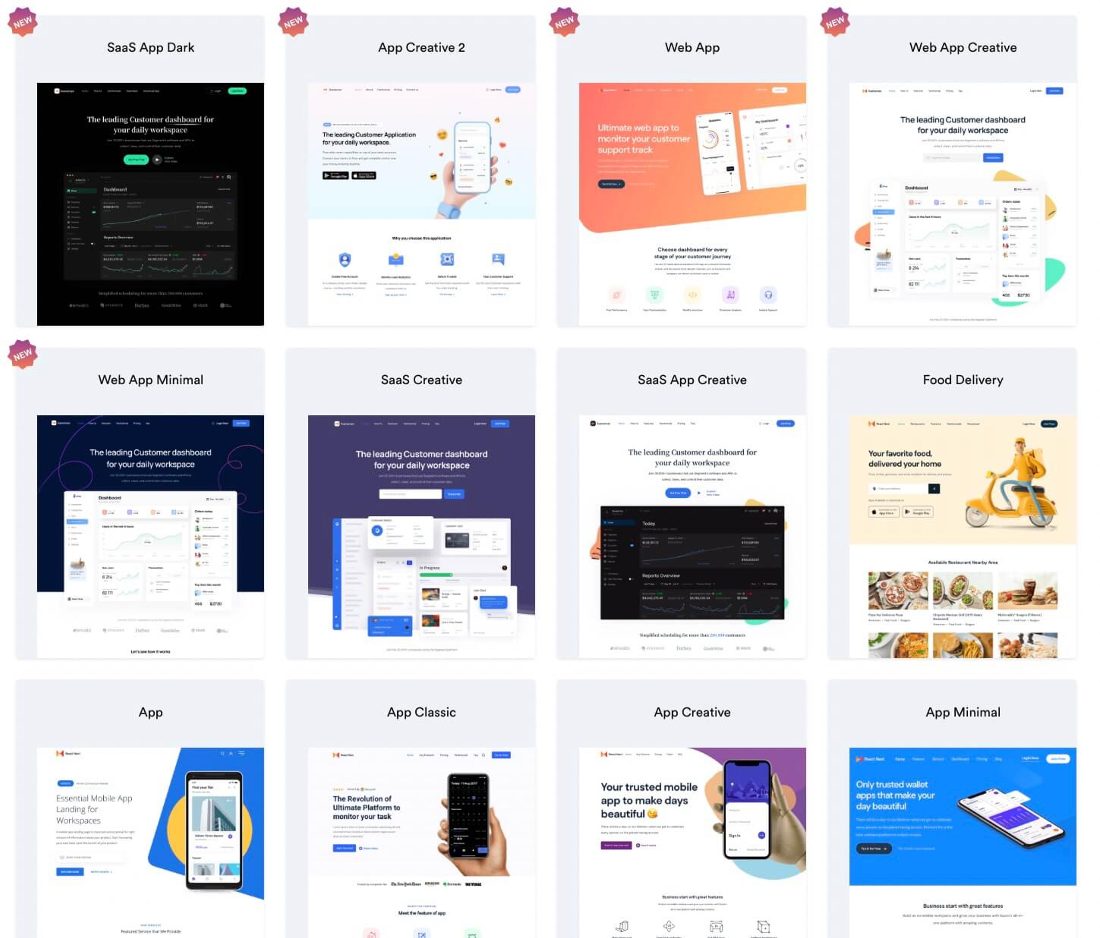 Examples of various landing pages available such as SaaS App Dark, Food Delivery, and more.