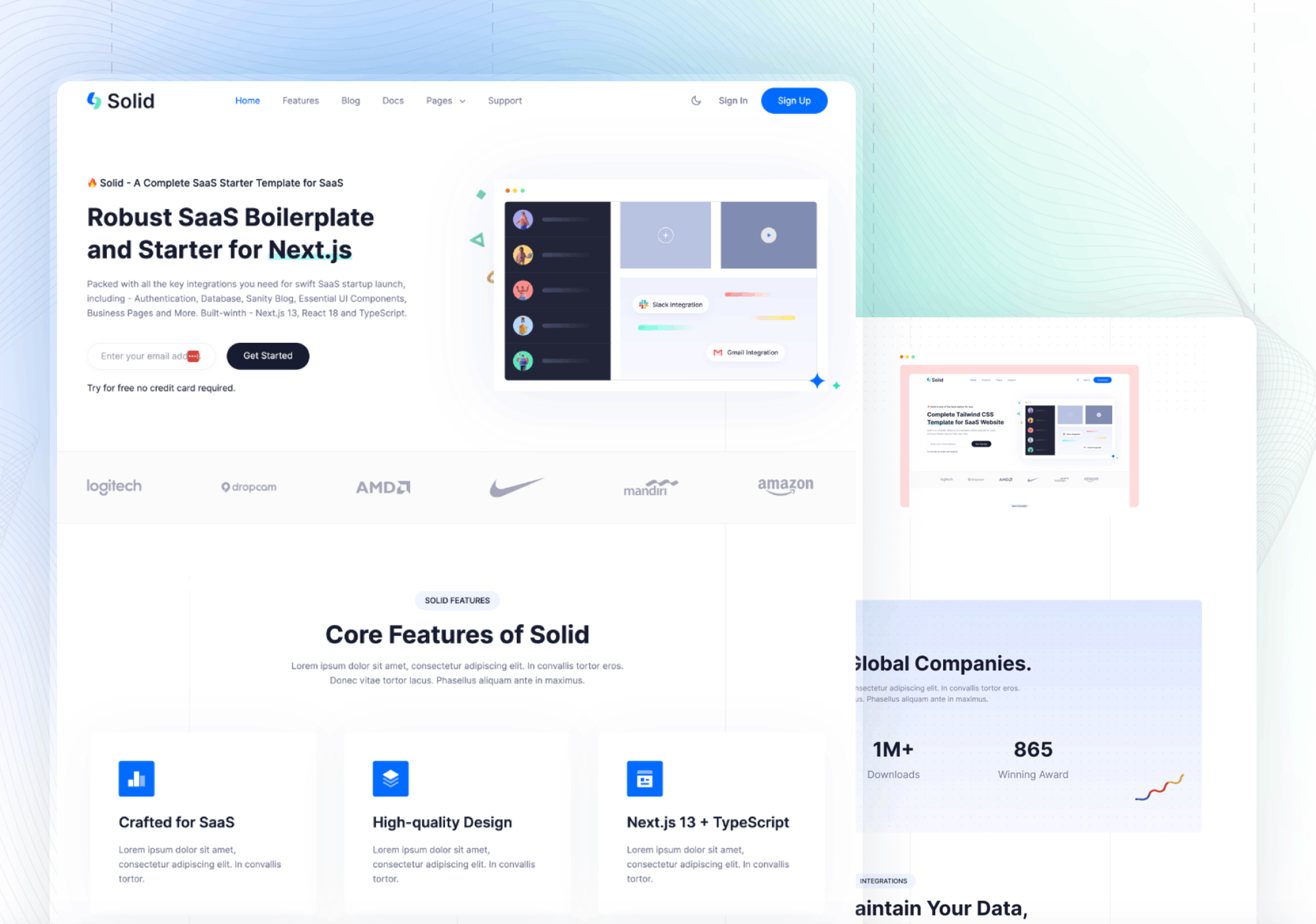 Solid is a free Next.js template specifically crafted for startups, SaaS, and software websites. 