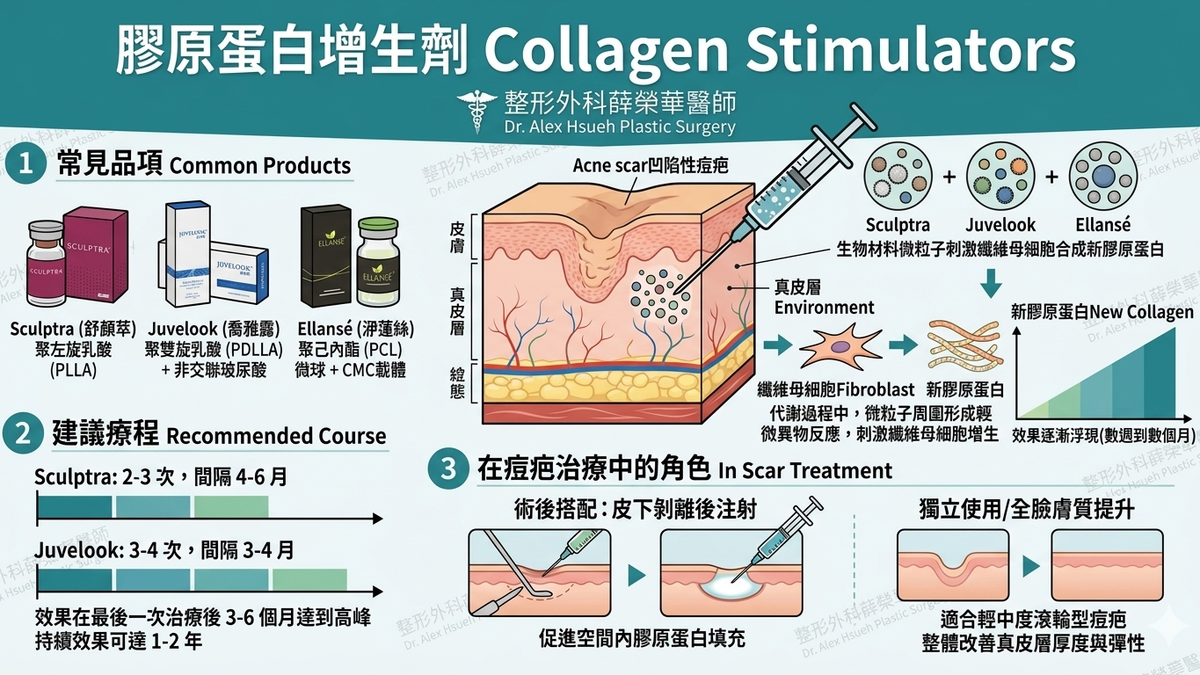 透過注射聚左旋乳酸（Sculptra）或聚雙旋乳酸（Juvelook）等生物刺激材料，如同「施肥」般優化真皮層微環境，引導自體膠原蛋白持續新生。