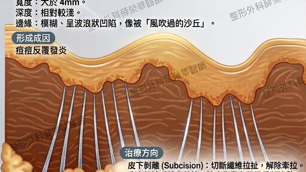 表面呈波浪狀起伏的凹陷，邊緣模糊、範圍較廣。因真皮層下方的纖維組織向下拉扯皮膚所形成，是最常見的痘疤類型。