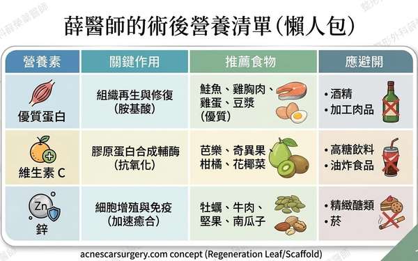 營養與修復：蛋白質、維生素 C 與鋅在痘疤重建中扮演的角色。