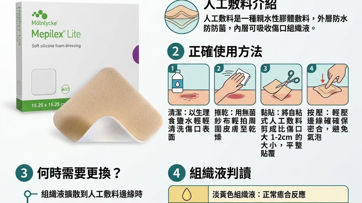 術後正確使用人工敷料，維持濕潤癒合環境，加速傷口修復。了解何時更換、如何判斷組織液狀態。