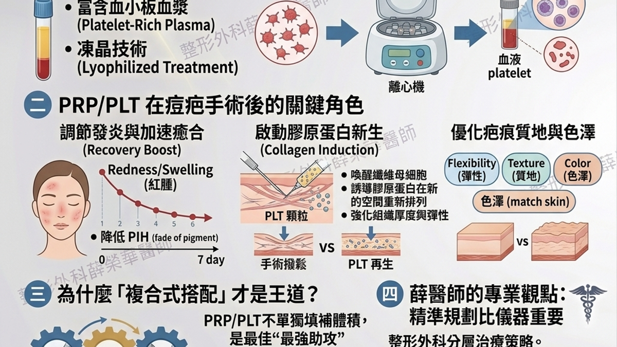 PRP 或 PLT 就像是「施工現場的修復燃料」。它不直接填補體積，而是透過自體生長因子，啟動肌膚的再生開關。