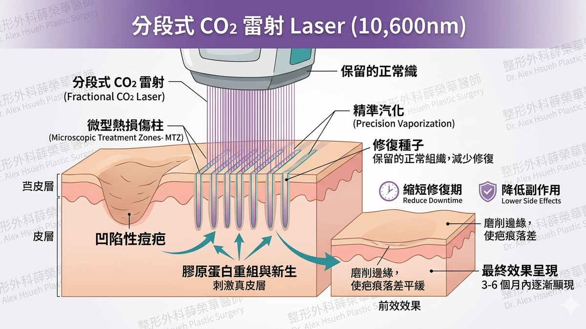 以分段式 CO2 雷射在皮膚上製造微型熱損傷柱，啟動傷口癒合反應，促進膠原蛋白新生與重組。
