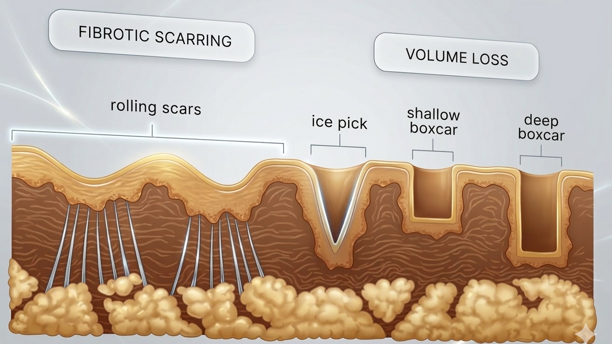 痘疤依「特徵・成因」分為3種類型(1) 冰鑿型（Ice Pick Scar）(2) 廂車型（Boxcar Scar）(3) 滾動型（Rolling Scar）