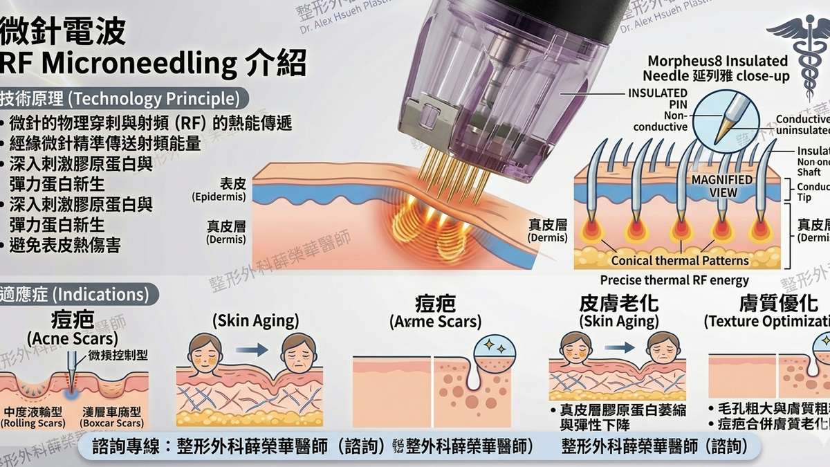 結合微針穿刺與射頻能量，將熱能精準送入真皮層指定深度，強力刺激膠原蛋白與彈力蛋白新生，改善痘疤凹陷與膚質。