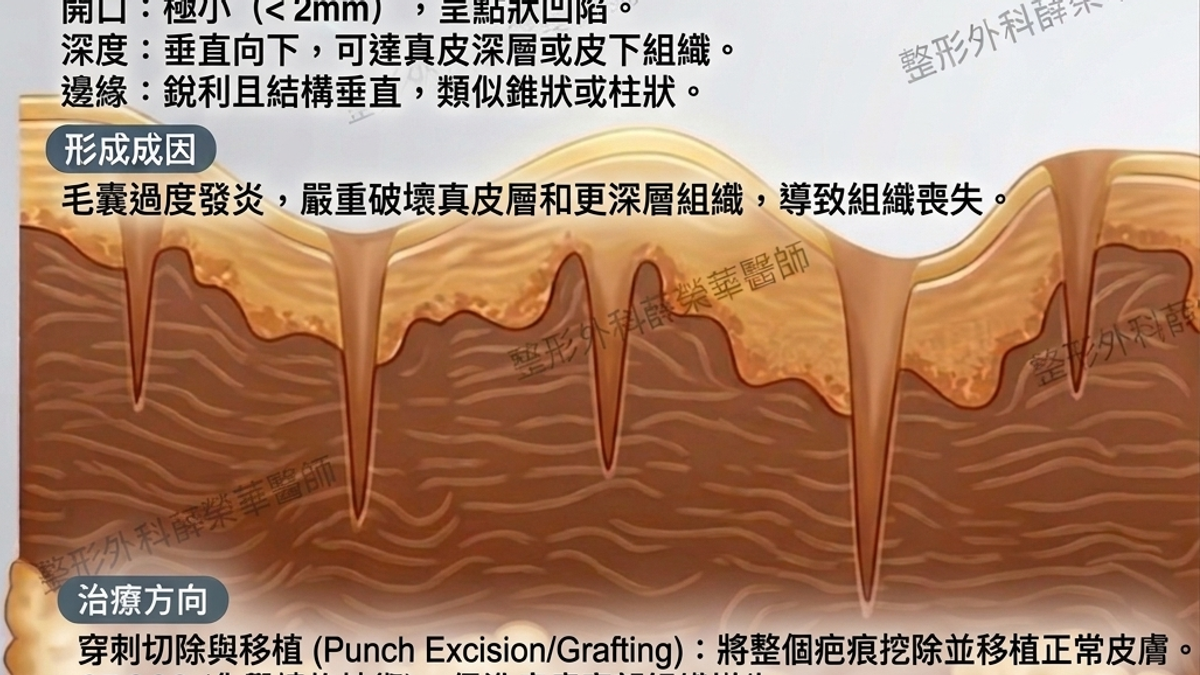 外觀如冰錐刺入皮膚的細小深洞，開口小但深度可達真皮深層甚至皮下組織。是最難治療的痘疤類型。