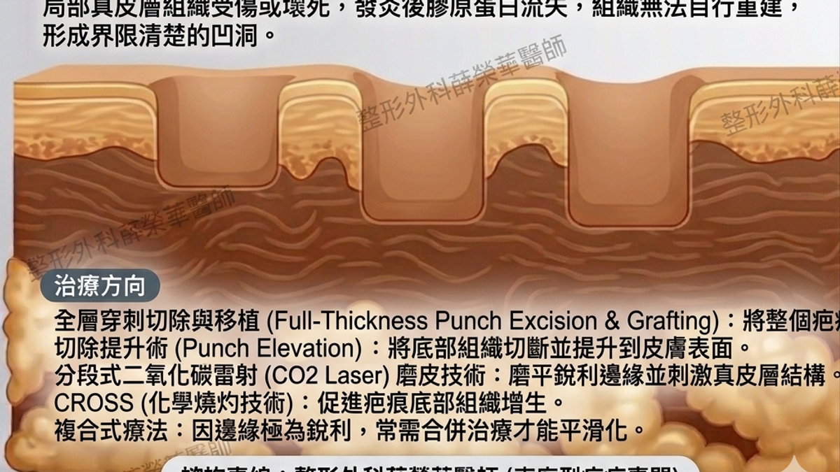 外觀呈方形或橢圓形的凹陷，邊緣銳利如刀切。因發炎破壞了局部真皮組織，造成清楚界定的凹洞。