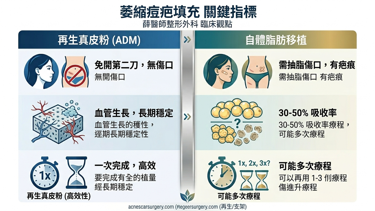 如果您的痘疤範圍非常大（成片萎縮），自身脂肪來源豐富，且不介意身上多一道傷口，自體脂肪是一個選擇。  如果您需要的體積較少、不想承受再次抽脂之苦，那麼真皮粉也是好的選擇