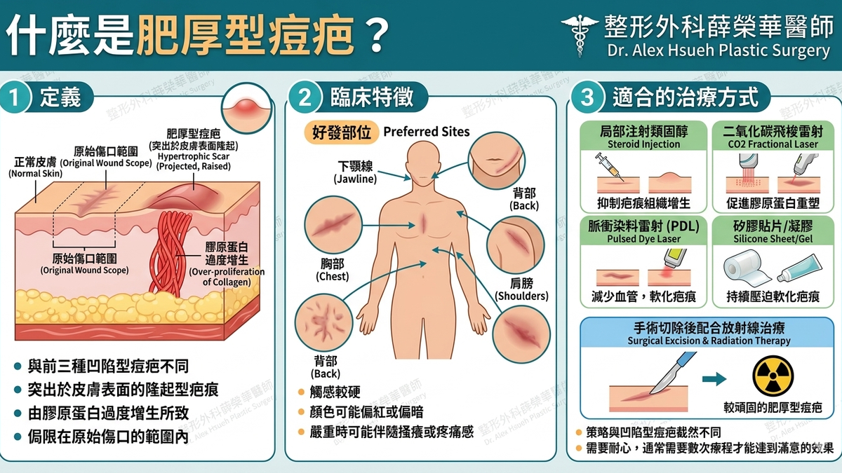突出皮膚表面的疤痕組織，因膠原蛋白過度增生所致。多見於下顎線、胸部與背部。