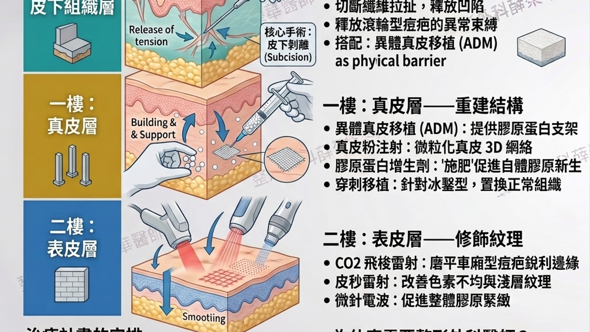 痘疤治療不能只磨表面。分層治療策略：先解決皮下纖維拉扯，再重建真皮結構，最後修飾表皮紋理。