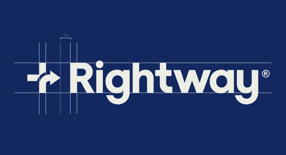 White Rightway logo on dark blue background with lines showing measurements and dimensions of letters
