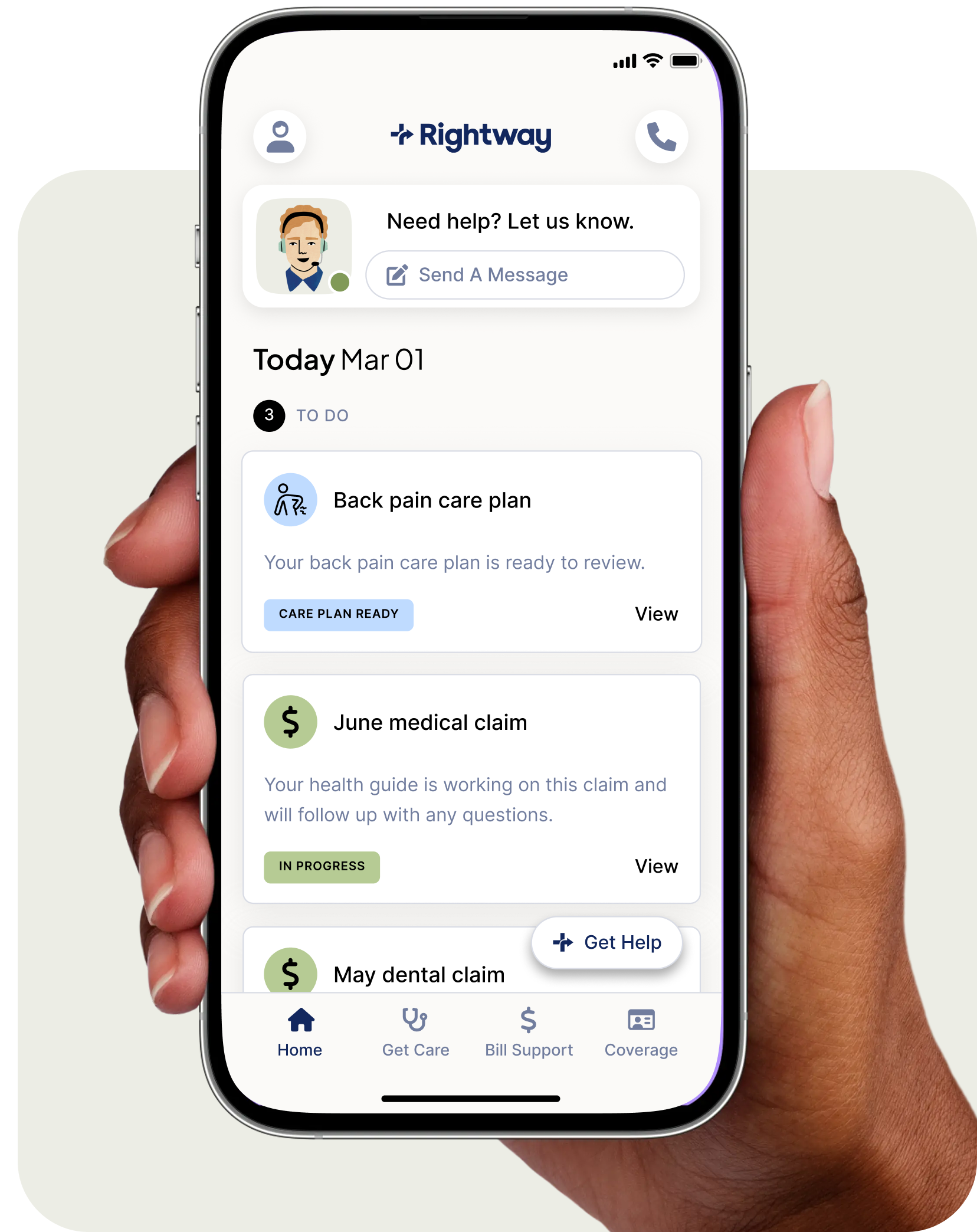 Hand holding phone with Rightway care navigation app