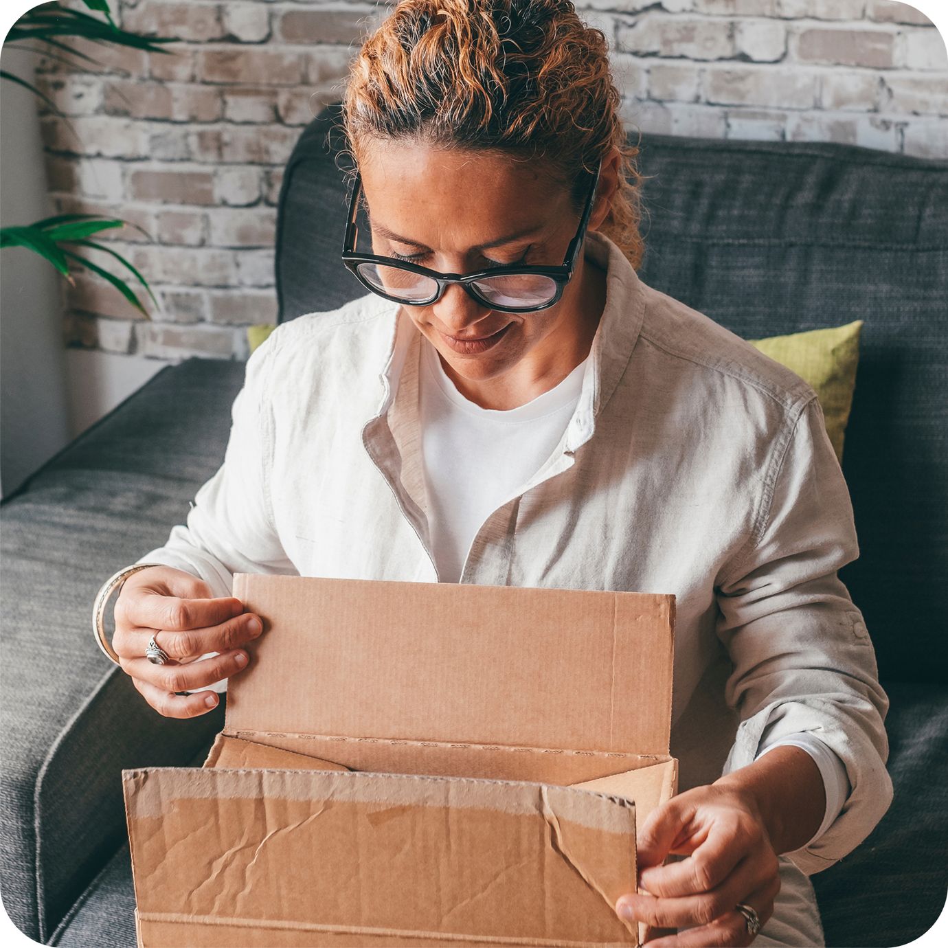 lady looking into box