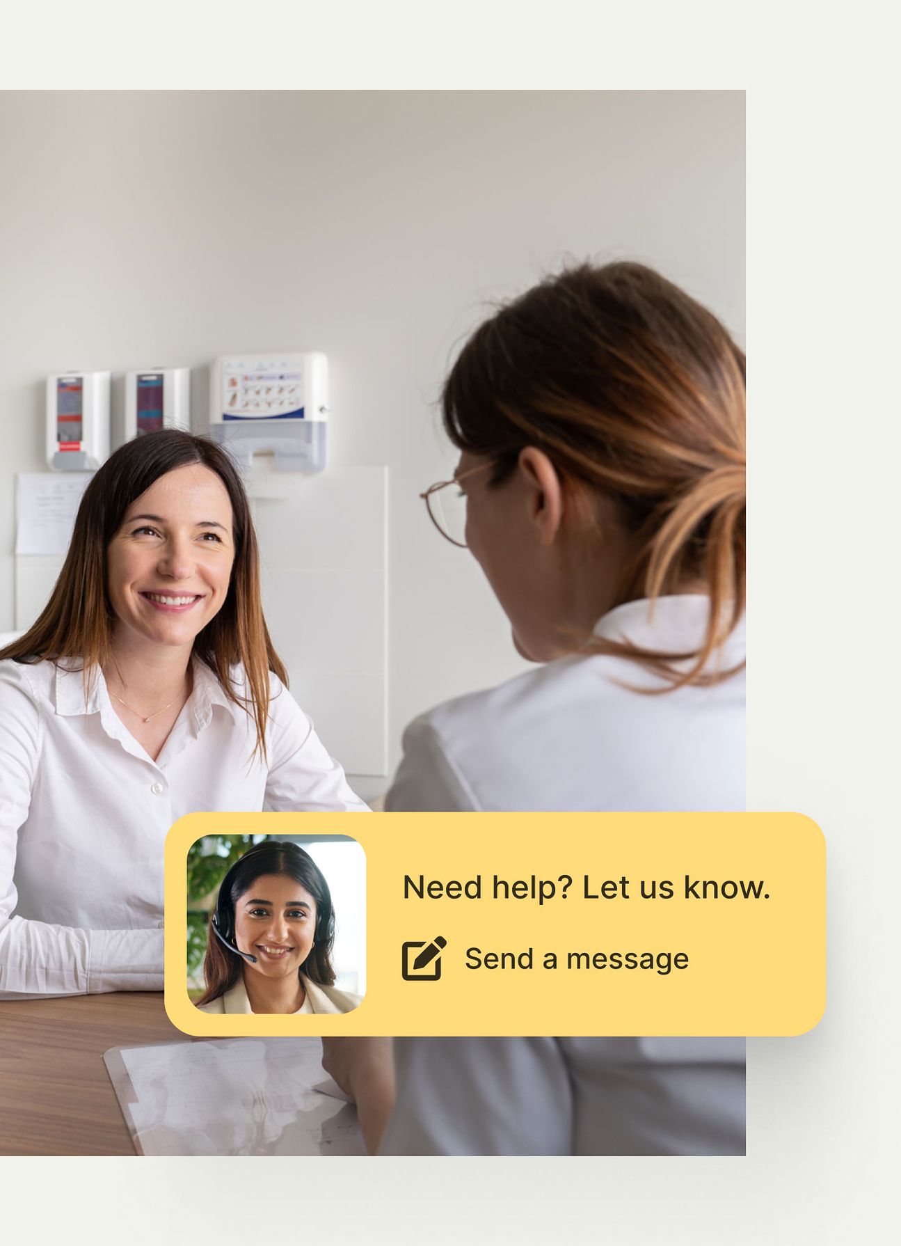 A patient smiling during a clinical consultation. Rightway healthcare chat support overlay offering direct messaging assistance.
