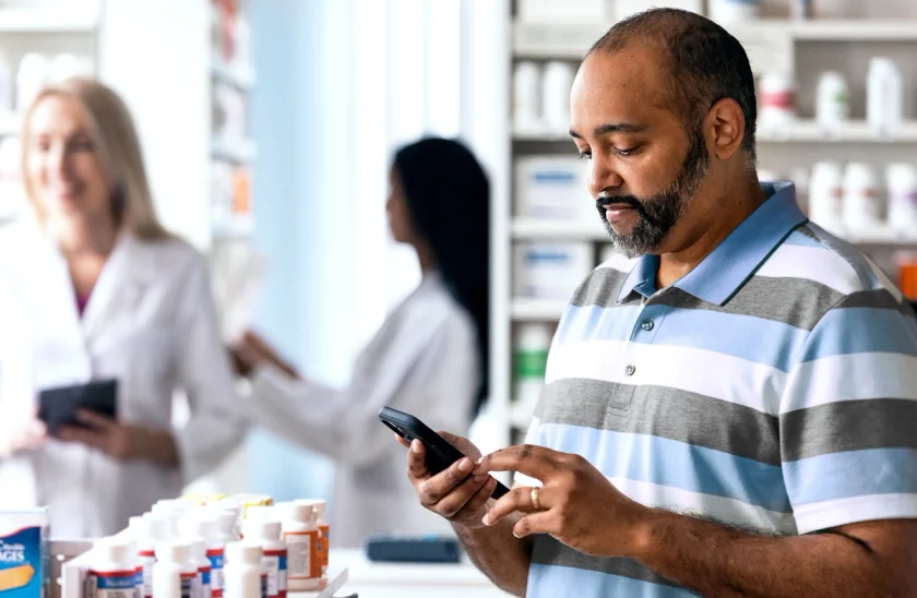 Man in striped shirt looking a phone in pharmacy