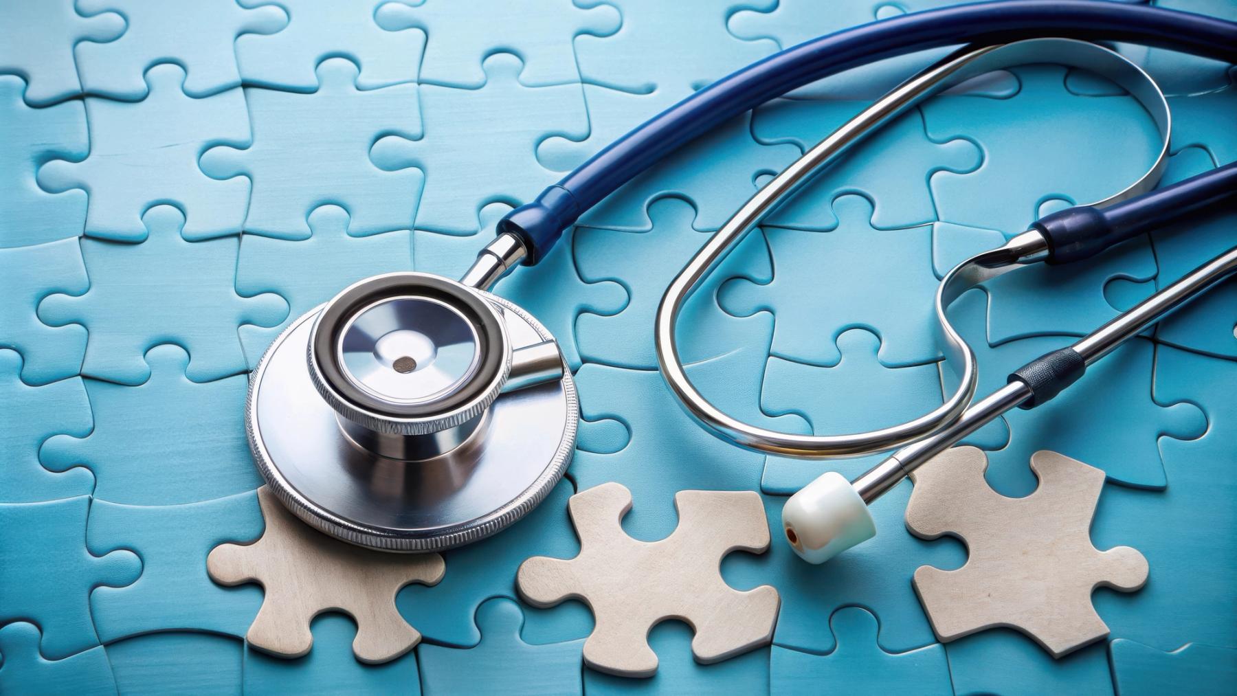 Rightway | Clinical Care Navigation | Effective Transparent PBM.. Blue puzzle pieces with stethoscope on top 