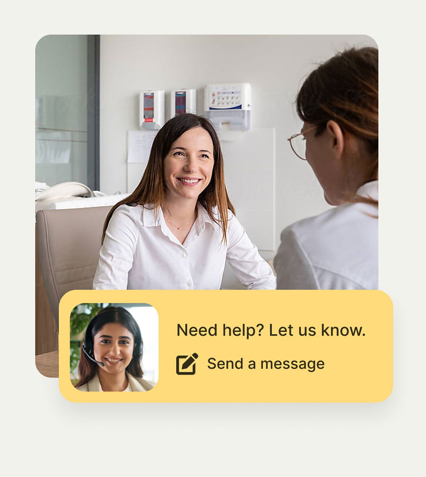 A patient is smiling during a clinical consultation. Rightway healthcare chat support overlay offering direct messaging assistance.