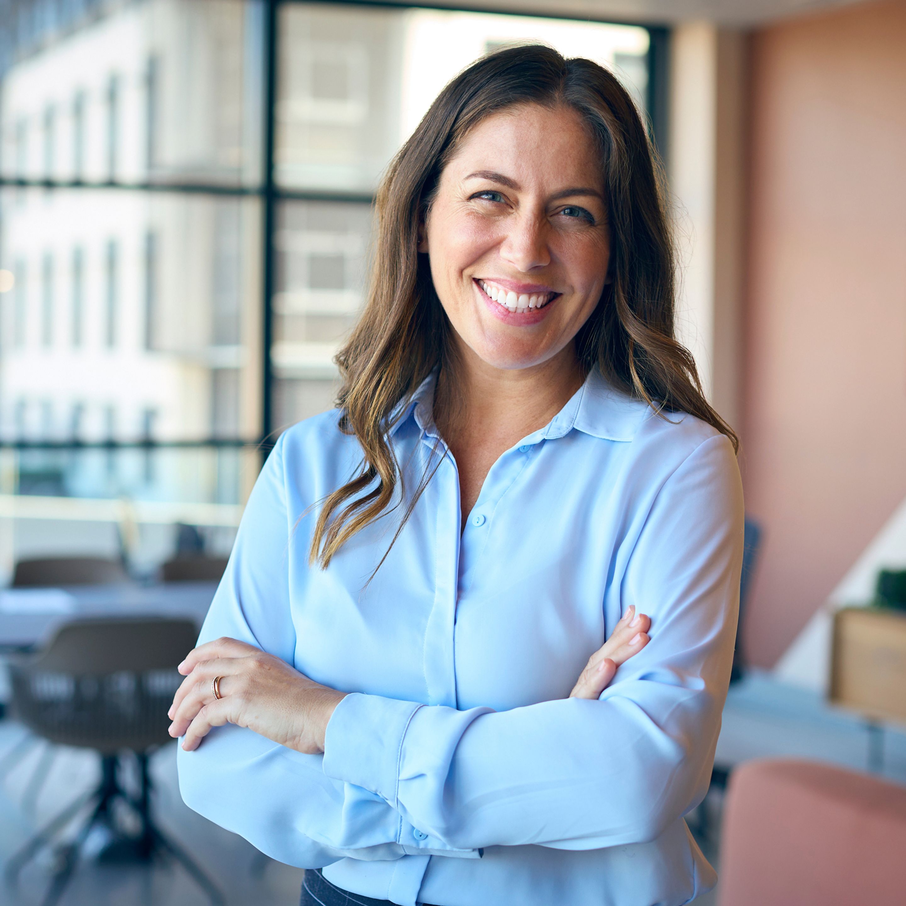 Happy Woman in blue shirt