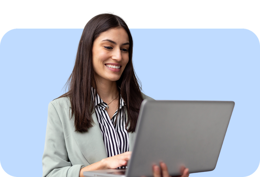 happy corporate woman with laptop