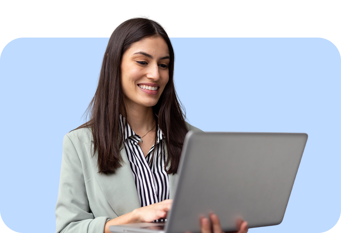 happy corporate woman with laptop